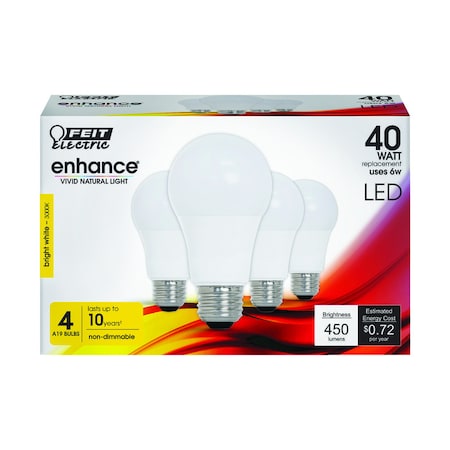 Feit Electric Feit Enhance A19 E26 (Medium) LED Bulb Bright White 40 Watt Equivalence 4 pk OM40/930CA10K/4